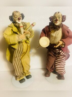 Handcrafted Yellow and Burgundy Clown Figurines - Set of 2